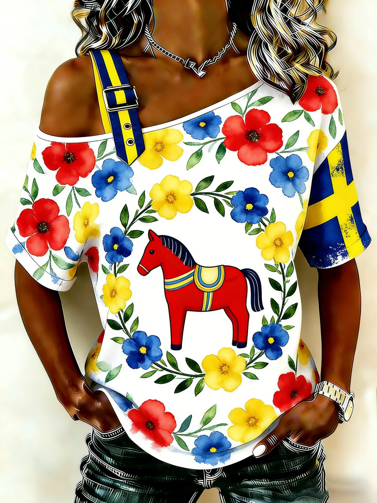 Women's Swedish T-shirt with local style Dala horse art print