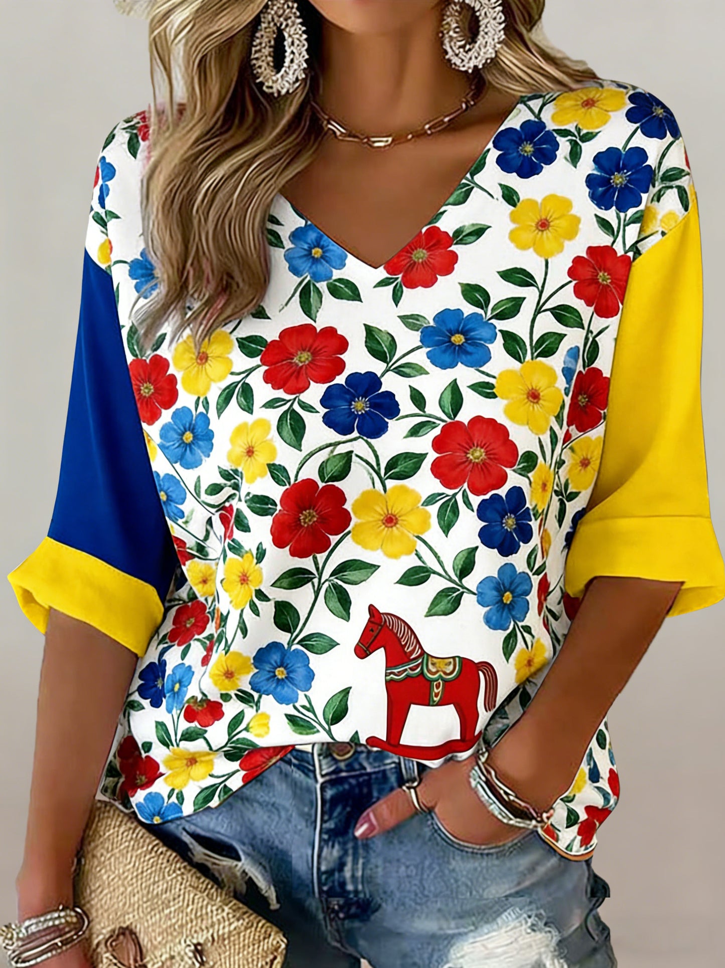 Women's Sleeveless Dala Horse Art Print T-shirt with Swedish Flag Colors
