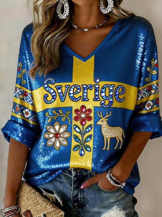 Women's V-neck sweater with print