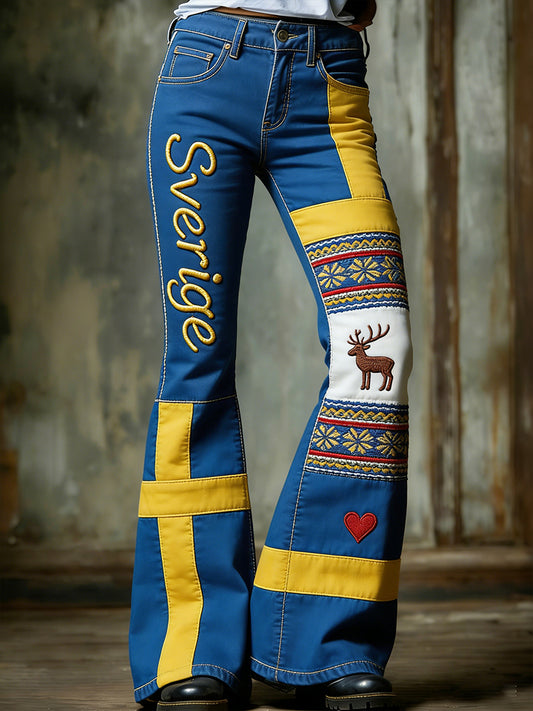 Women's casual printed flared trousers