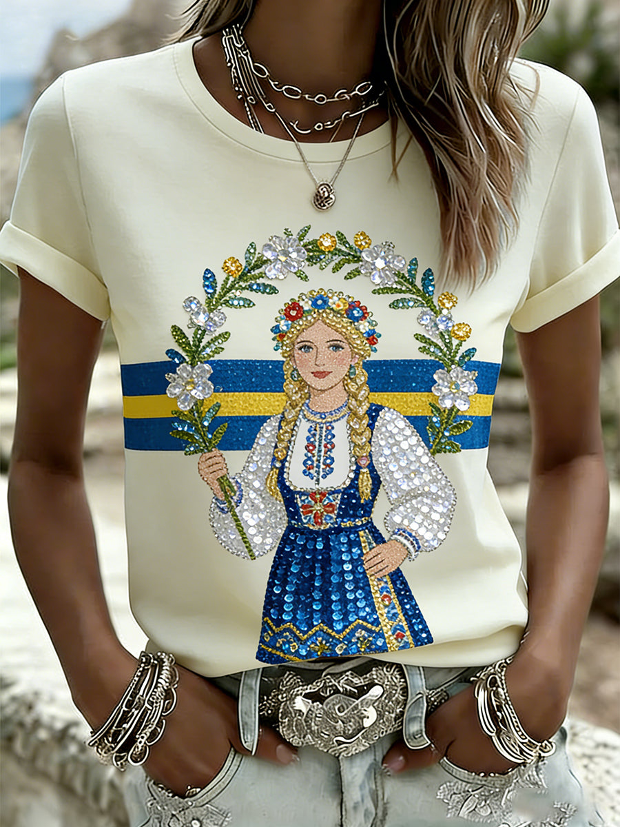 Women's retro Swedish midsummer art print casual t-shirt