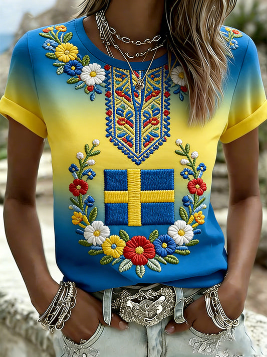 Dams retro svensk midsommarkonsttryck avslappnad t-shirt