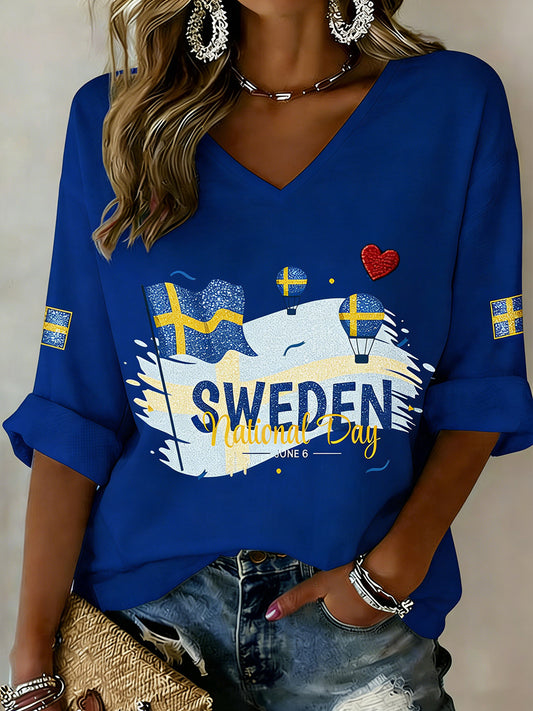 Women's ethnic style colorblock print V-neck top – relaxed fit