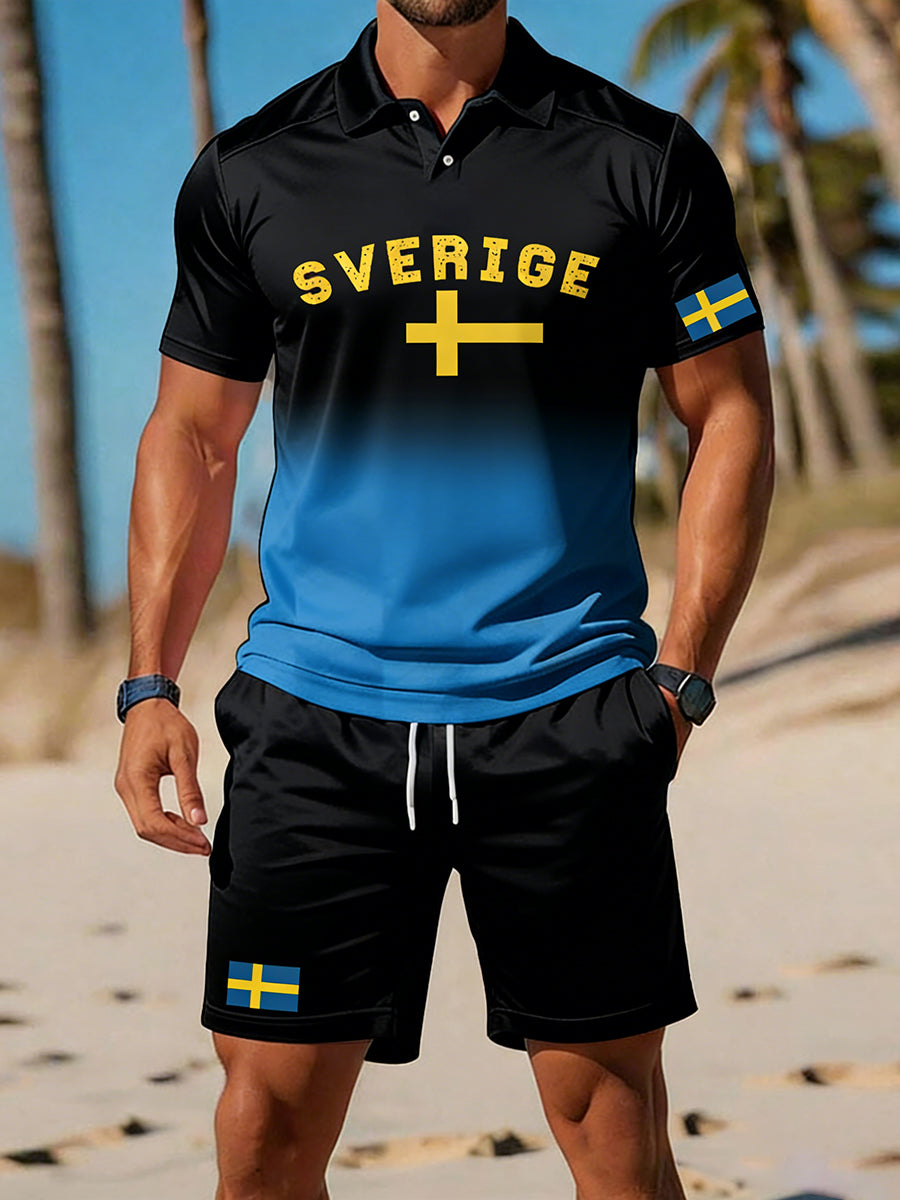 Retro svensk konsttryck avslappnat polo- och shortsset