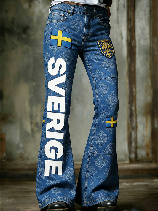 Retro Swedish Art Print Relaxed Fit Jeans