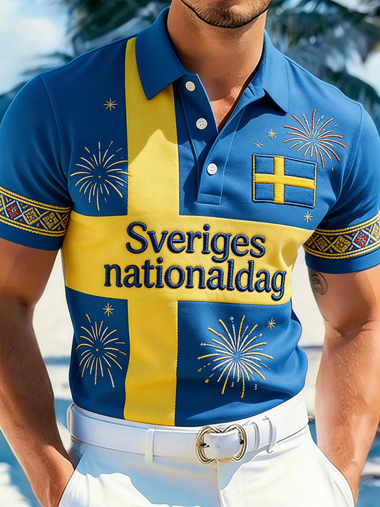 Men's color block and printed ethnic style casual polo shirt