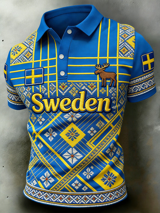 Men's ethnic style polo shirt with color block and print, relaxed fit