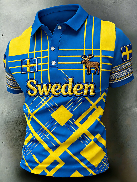 Men's ethnic style polo shirt with color block and print, relaxed fit
