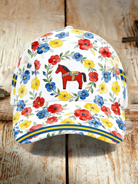 Unisex art print hat with Dala horse motif in Swedish