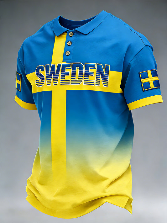 Men's ethnic style polo shirt with color block and print, relaxed fit