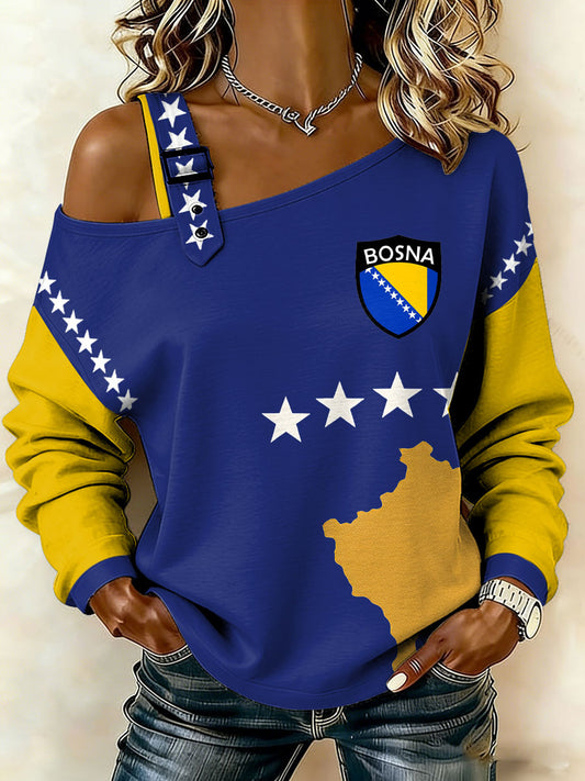 Women's Bosnia Football Lovers ZMAJEVI Print Casual Off-Shoulder Sweatshirt