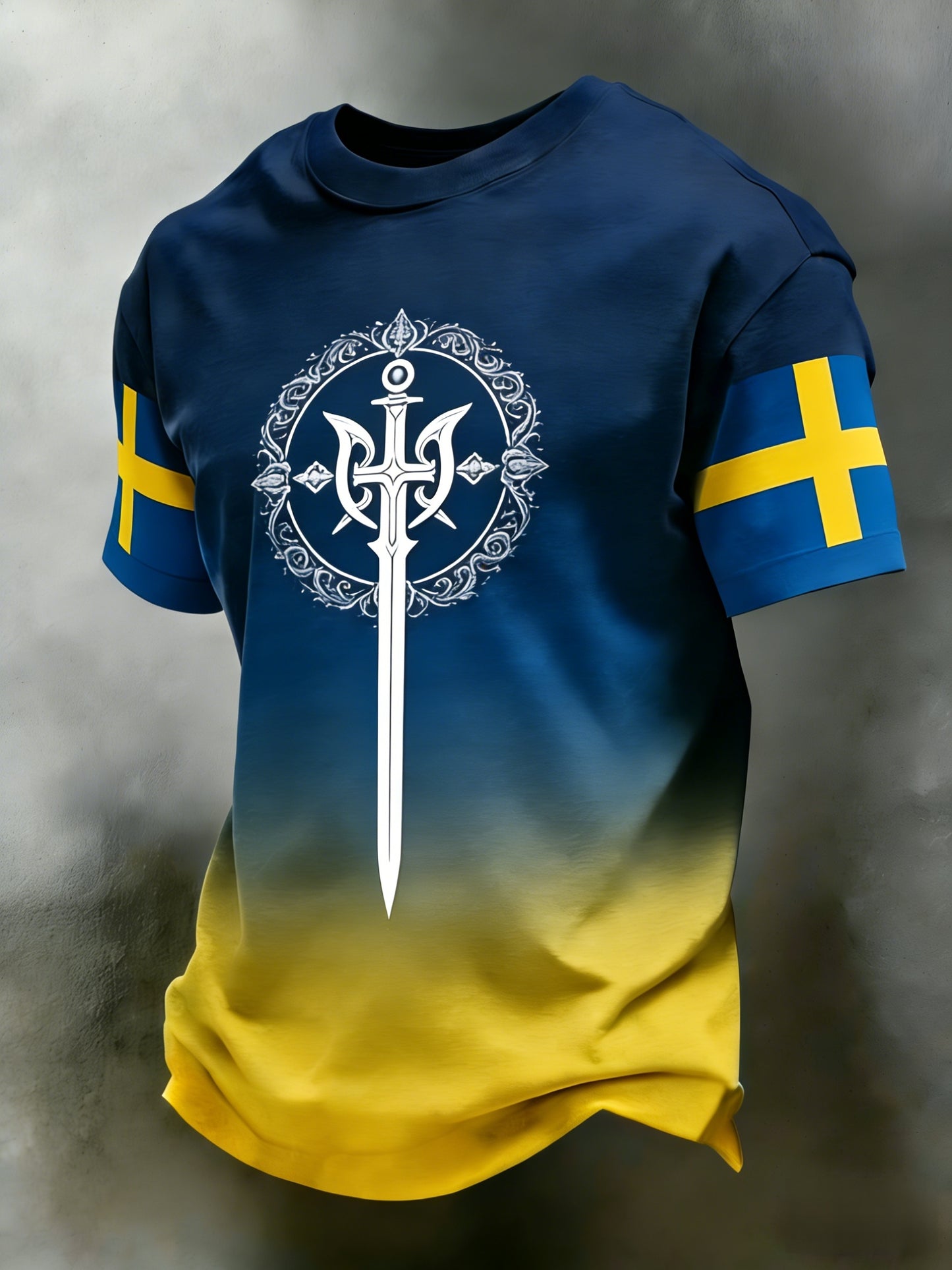 Retro Viking Swedish Flag Badge Casual Sporty Short-Sleeved T-Shirt