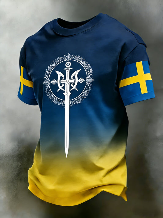 Retro Viking Swedish Flag Badge Casual Sporty Short-Sleeved T-Shirt