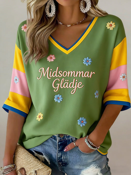Women's Swedish Midsummer Festival Souvenir Dala Horse Print V-Neck T-Shirt