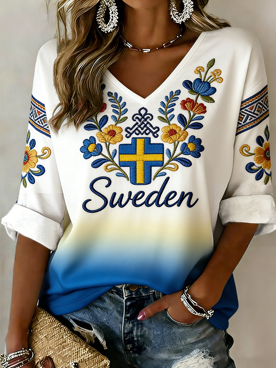 Women's Shirt with Ethnic Floral Embroidery Print and V-Neck