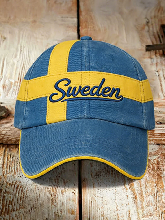 Embellished hat with color-blocked print