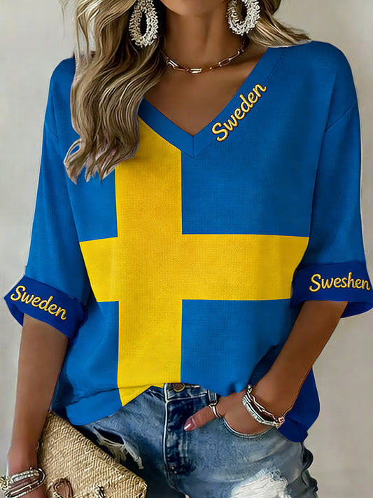 Retro Swedish art-inspired printed casual top