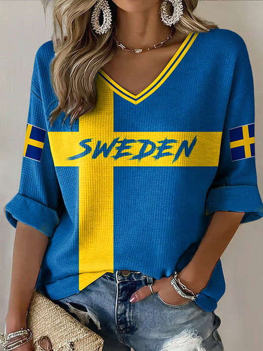 Dams retro svensk 2026 fotbollskors vafelmönstrad topp