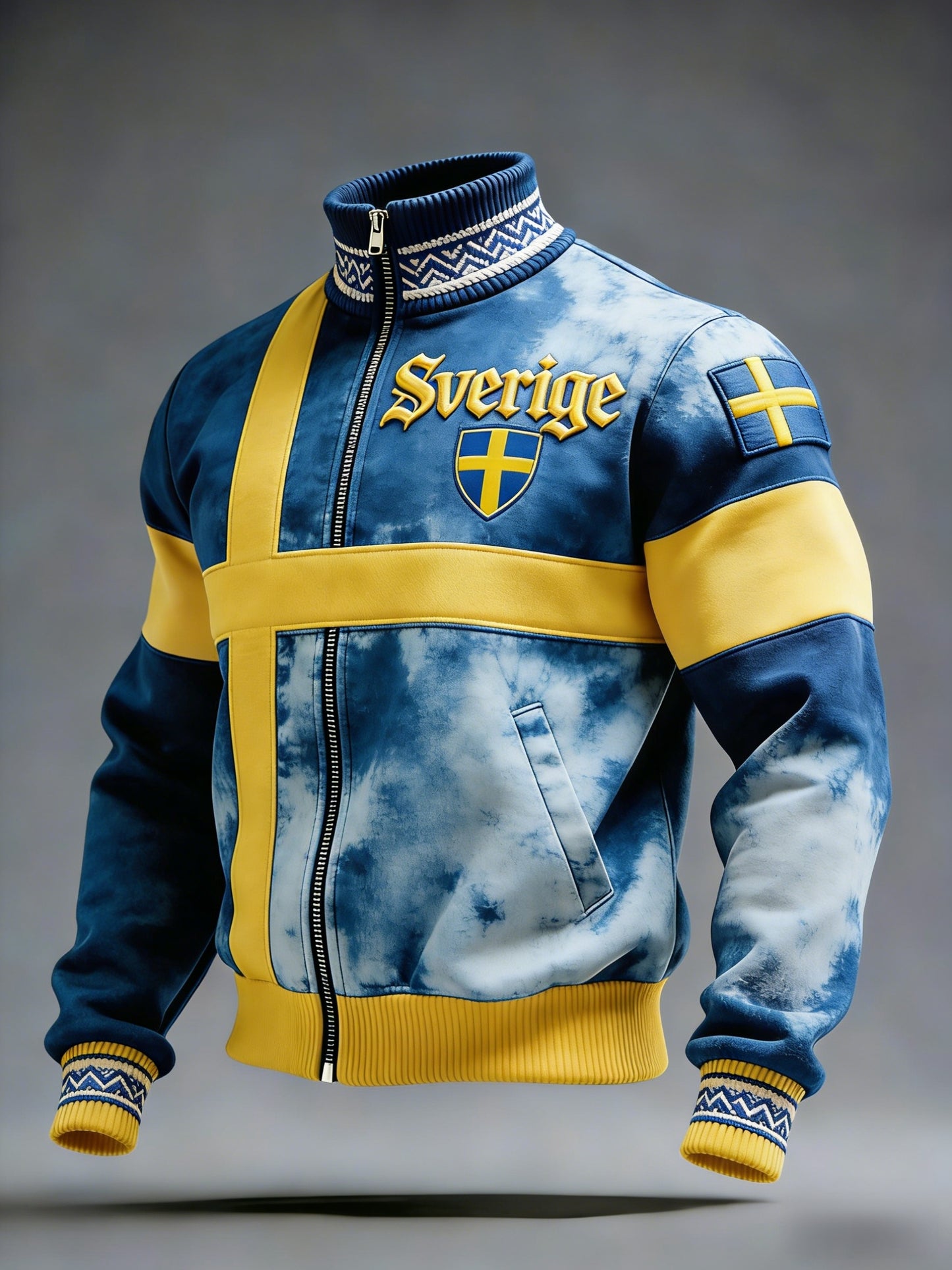 Retro Viking Swedish flag badge casual sporty stand-up collar jacket