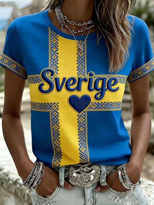 Women's T-shirt with ethnic floral embroidery and print
