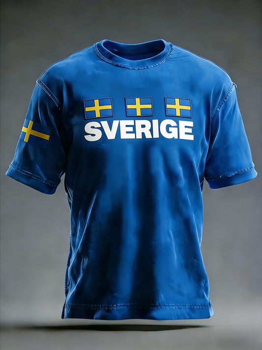 Retro Viking Swedish Flag Badge Casual Sporty Short-Sleeved T-Shirt
