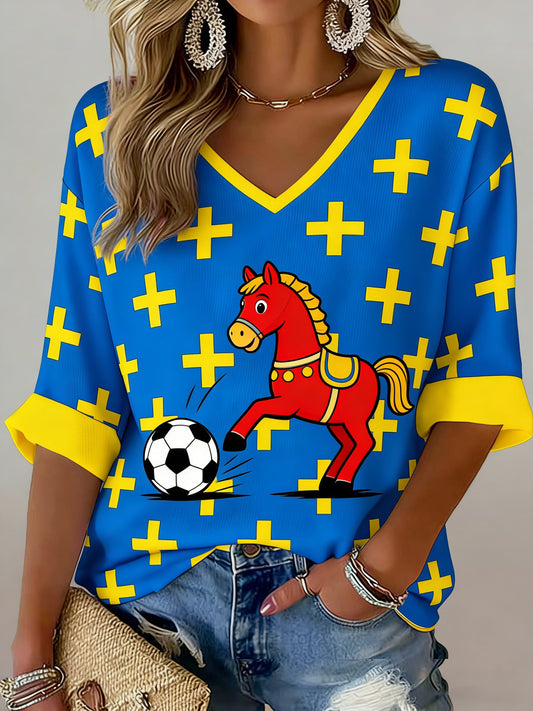 Women's Midsummer Festival Souvenir Dala Horse Print V-Neck T-Shirt