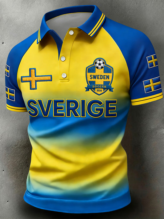 Retro svensk 2026 fotbollsinspirerad patchwork-luftig polotröja