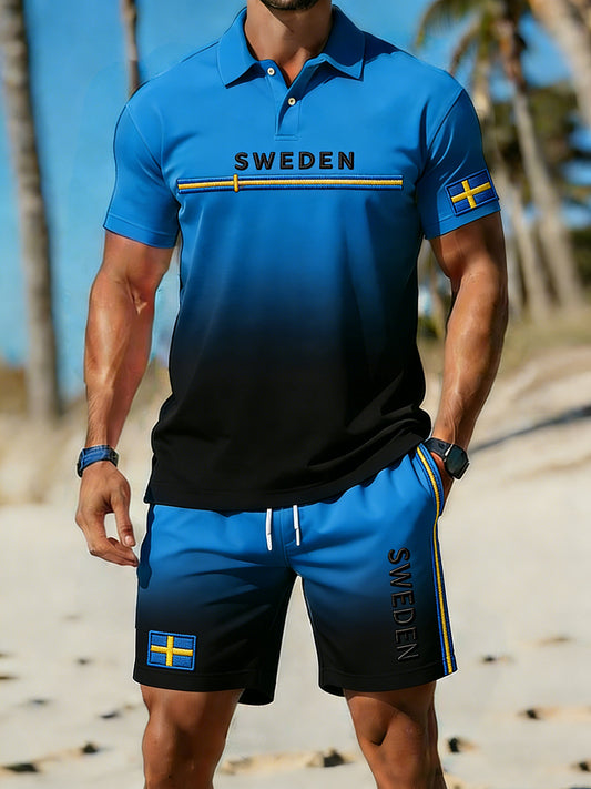 Retro Swedish Art Print Relaxed Polo and Shorts Set