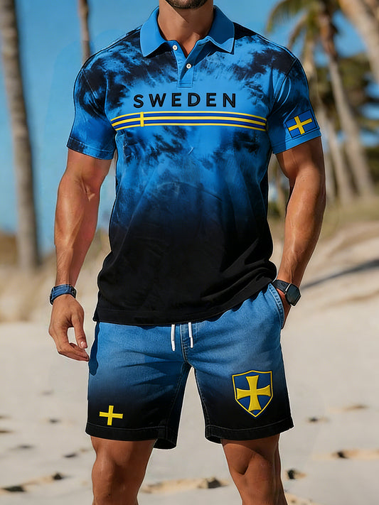 Retro Swedish Art Print Relaxed Polo and Shorts Set