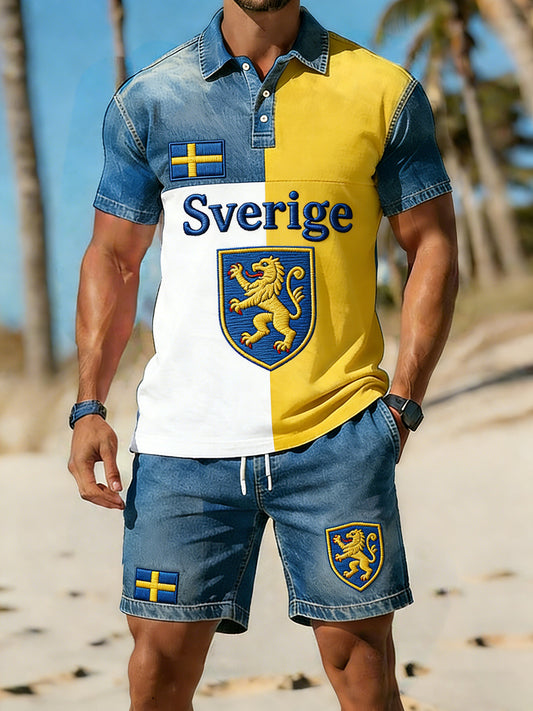 Retro Swedish art style print relaxed polo and shorts set