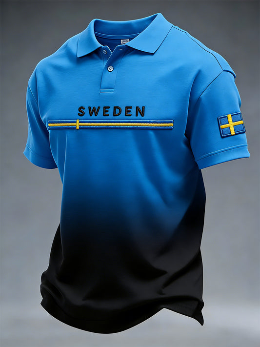 Retro Swedish art style print relaxed polo shirt