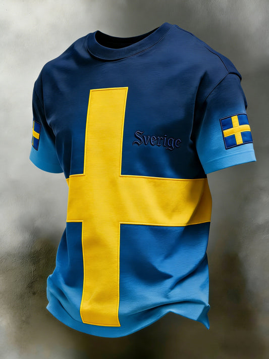 Retro Viking Swedish Flag Badge Casual Short Sleeve T-Shirt