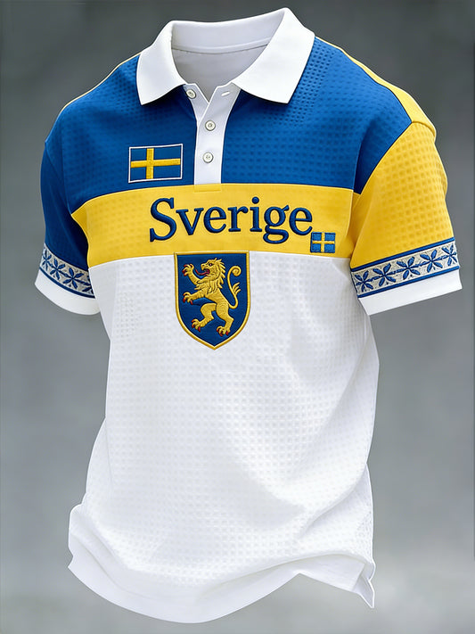 Retro Swedish art style print relaxed polo shirt