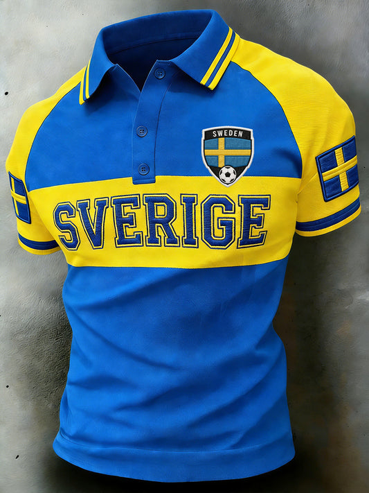Men's football-themed polo shirt with color-block design and raglan sleeves