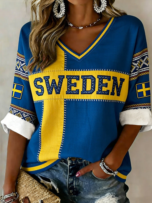 Women's shirt with ethnic pattern, embroidered and V-neck
