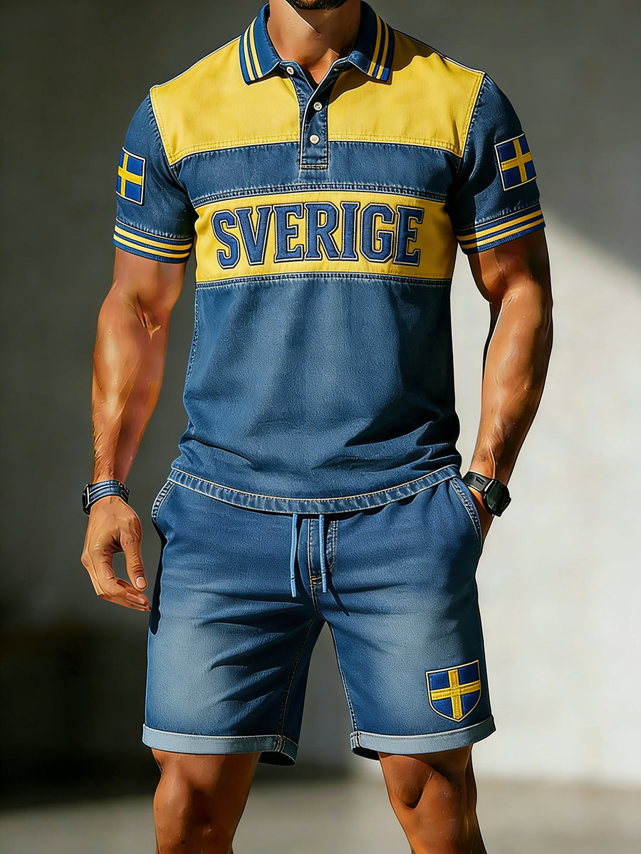 Herrset bestående av denimpolo med färgblockad mönsterprint och shorts