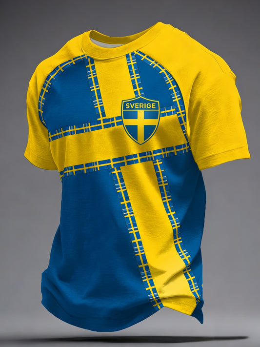 Retro Viking Swedish Football Flag Emblem Casual Short Sleeve T-Shirt
