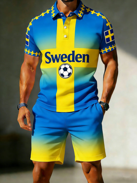 Men's set with polo shirt and shorts for Swedish football match, cheering