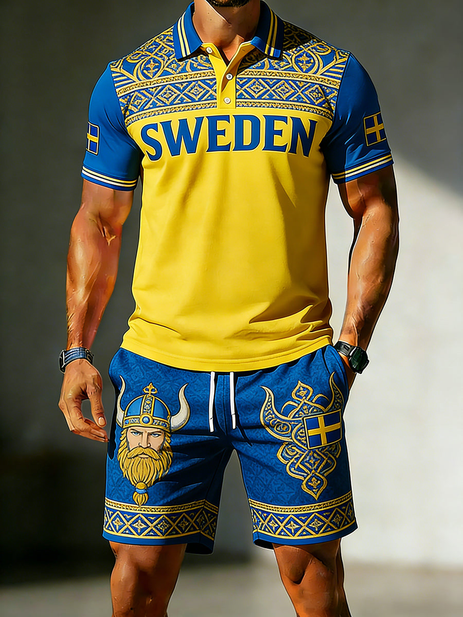Herrset med vikingatema, tryckt kortärmad tröja och shorts