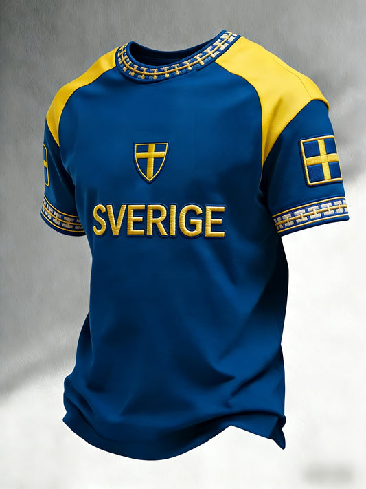 Retro Viking Swedish Football Flag Emblem Casual Short Sleeve T-Shirt