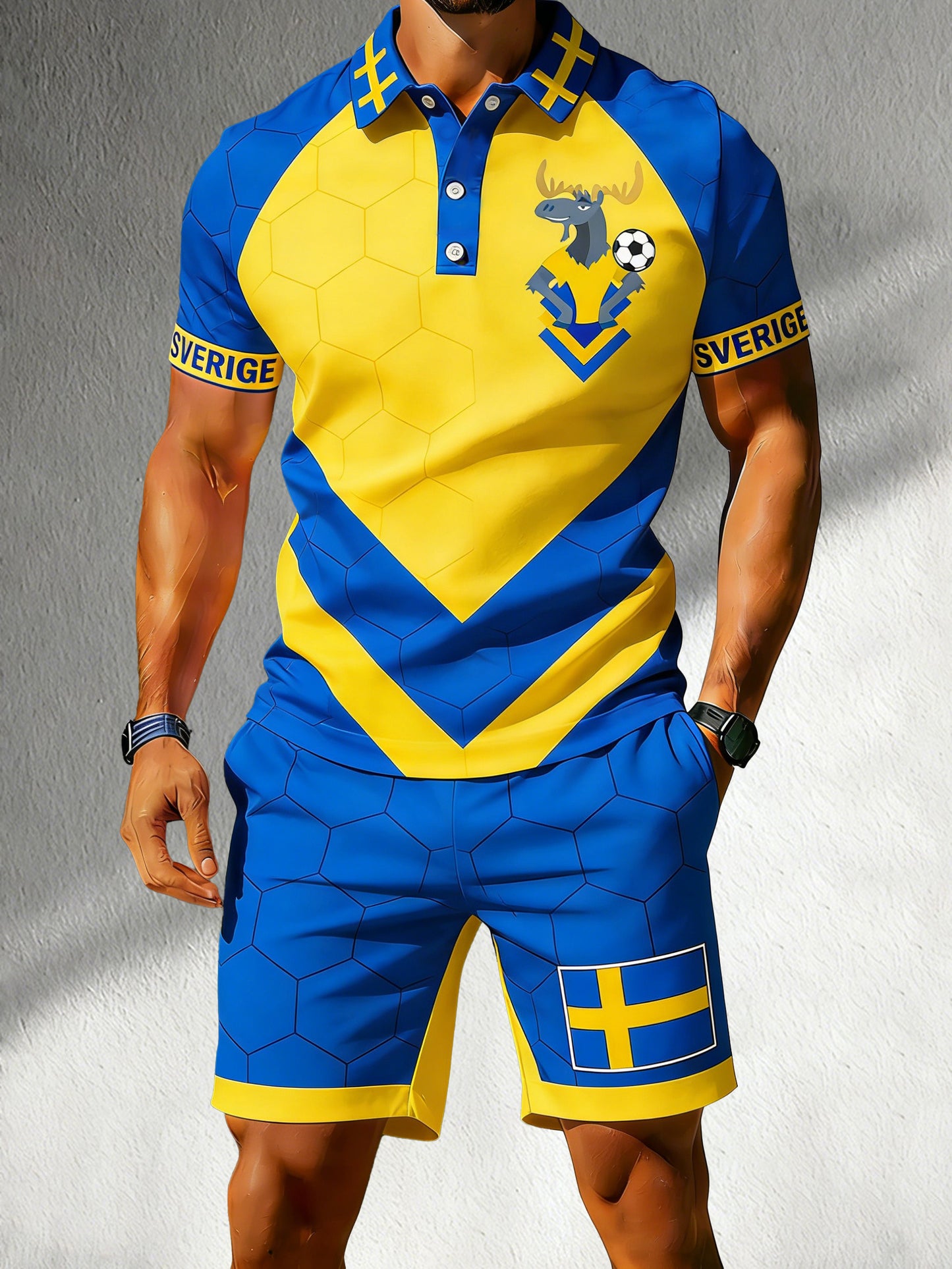 Men's polo shirt and shorts set for a Swedish football match, cheering