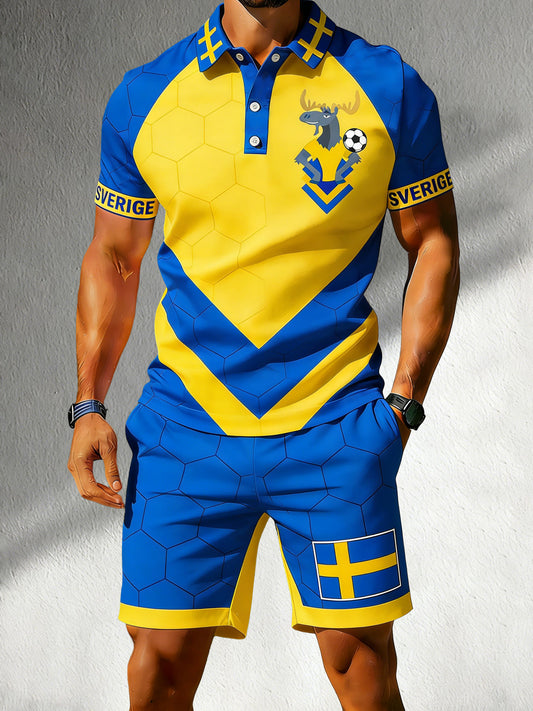 Men's polo shirt and shorts set for a Swedish football match, cheering