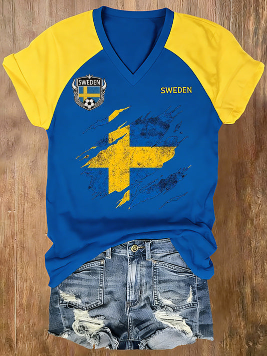 Women's V-neck raglan sleeve football-inspired colour block jumper