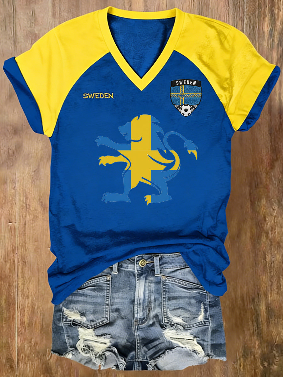 Women's V-neck raglan sleeve football-inspired colour block top