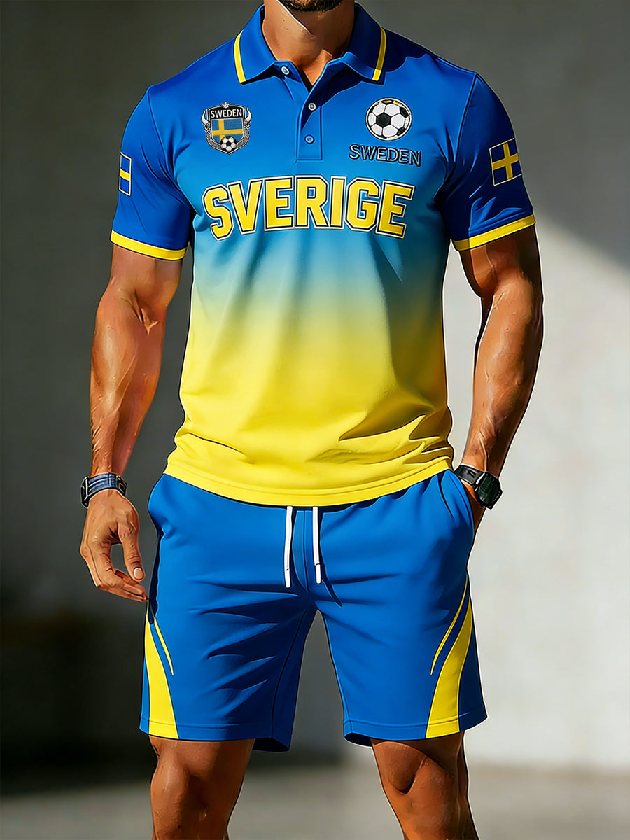 Herrset med kortärmad polo och shorts, med fotbollselement och övergångsfärger