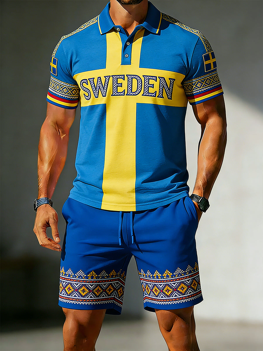 Herrset med kortärmad polo och shorts, med brodyr och kontrastdetaljer
