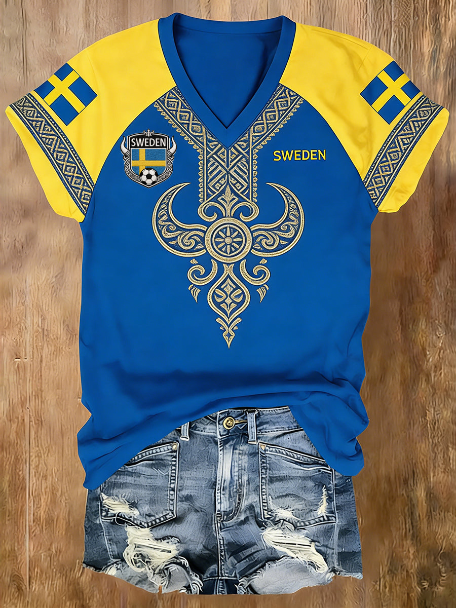 Women's V-neck raglan sleeve football-inspired colour block jersey