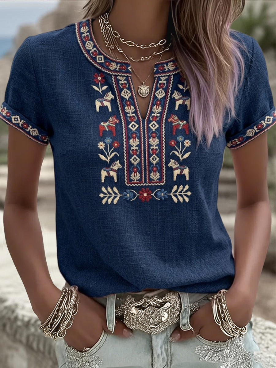 Women's retro Swedish Midsummer floral patchwork runner casual t-shirt