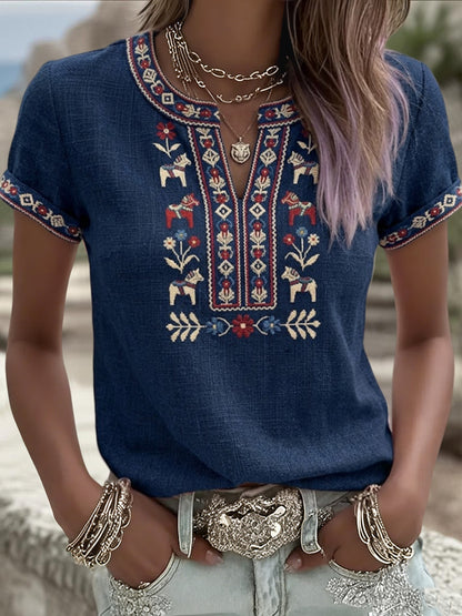 Women's retro Swedish Midsummer floral patchwork runner casual t-shirt