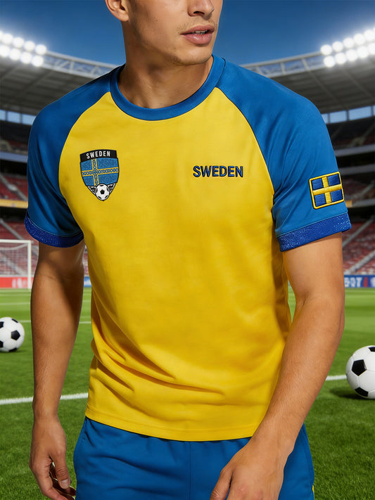 Men's raglan-sleeved football-themed colour-block jumper